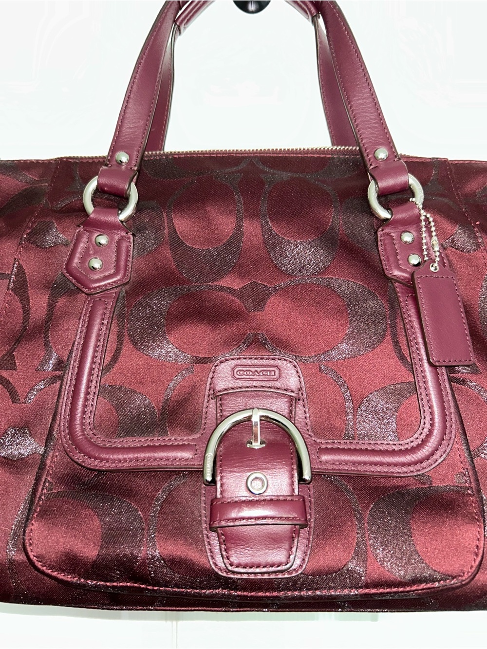 Coach Burgundy Signature Logo Tote with Leather Trim - Picture 2 of 12
